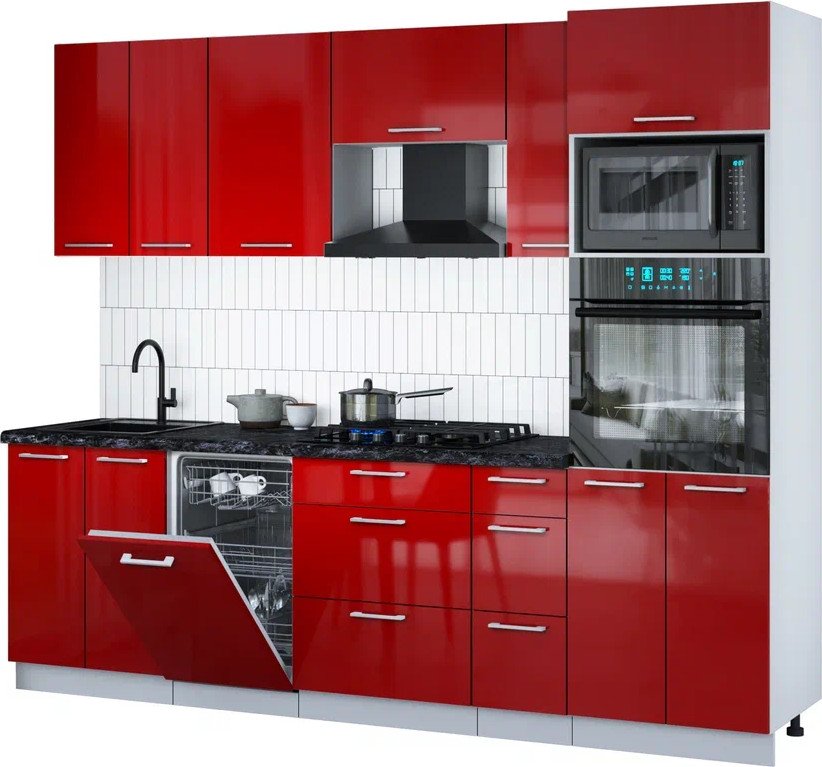 

Готовая кухня Интерлиния Мила Gloss 2.55-ПМ3 (красный глянец/красный глянец/кастилло темный)