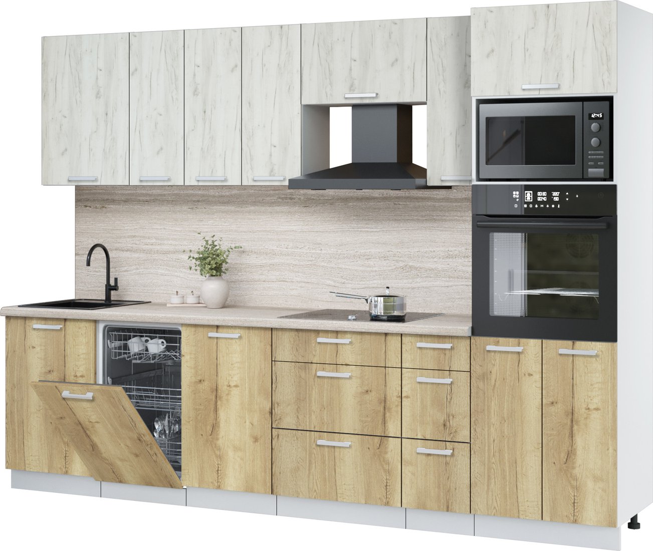 

Готовая кухня Интерлиния Мила Лайт 2.9-ПМ3 (дуб белый/дуб золотой/травертин серый)