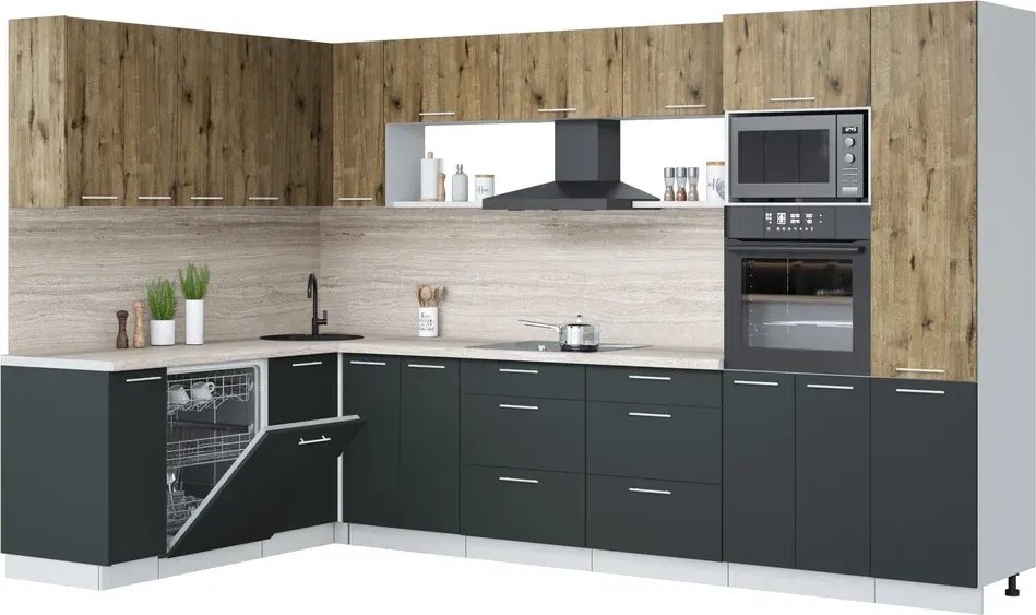 

Готовая кухня Интерлиния Мила Лайт 1.896х3.38 ( дуб веллингтон/антрацит/травертин серый)