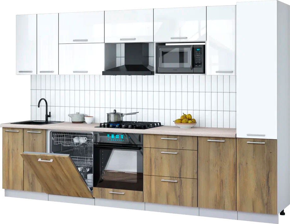 

Готовая кухня Интерлиния Мила Gloss 3.2-ПМ2 (дуб вотан/белый глянец/травертин серый)