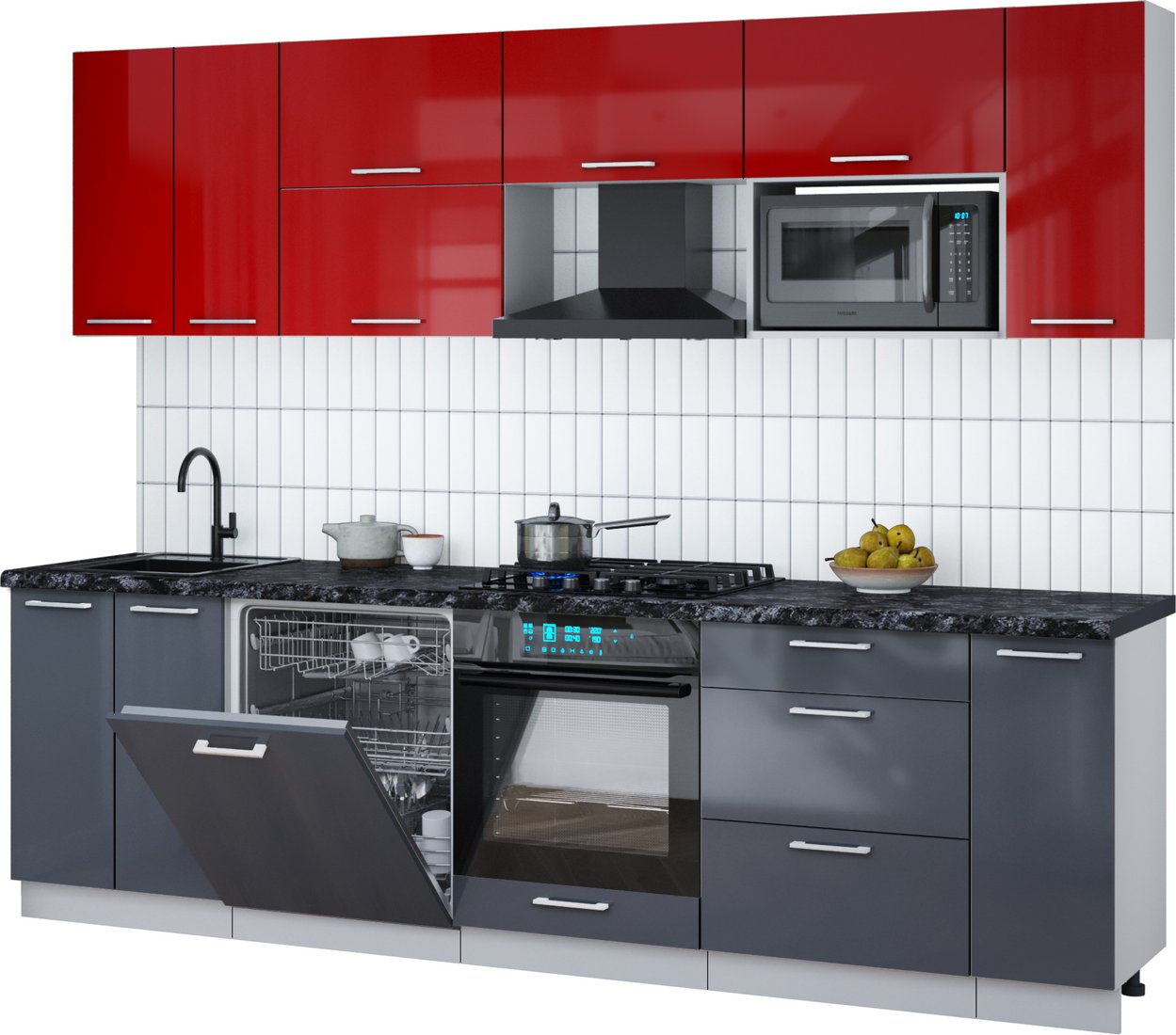 

Готовая кухня Интерлиния Мила Gloss 2.7-ПМ2 (асфальт глянец/красный глянец/кастилло темный)