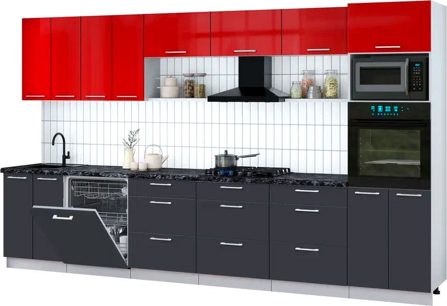 

Готовая кухня Интерлиния Мила Gloss 3.6-ПМ1-2 (пепел/красный глянец/кастилло темный)