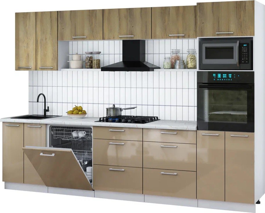 

Готовая кухня Интерлиния Мила Gloss 3.0-ПМ1 (капучино глянец/дуб вотан/серый каспий)