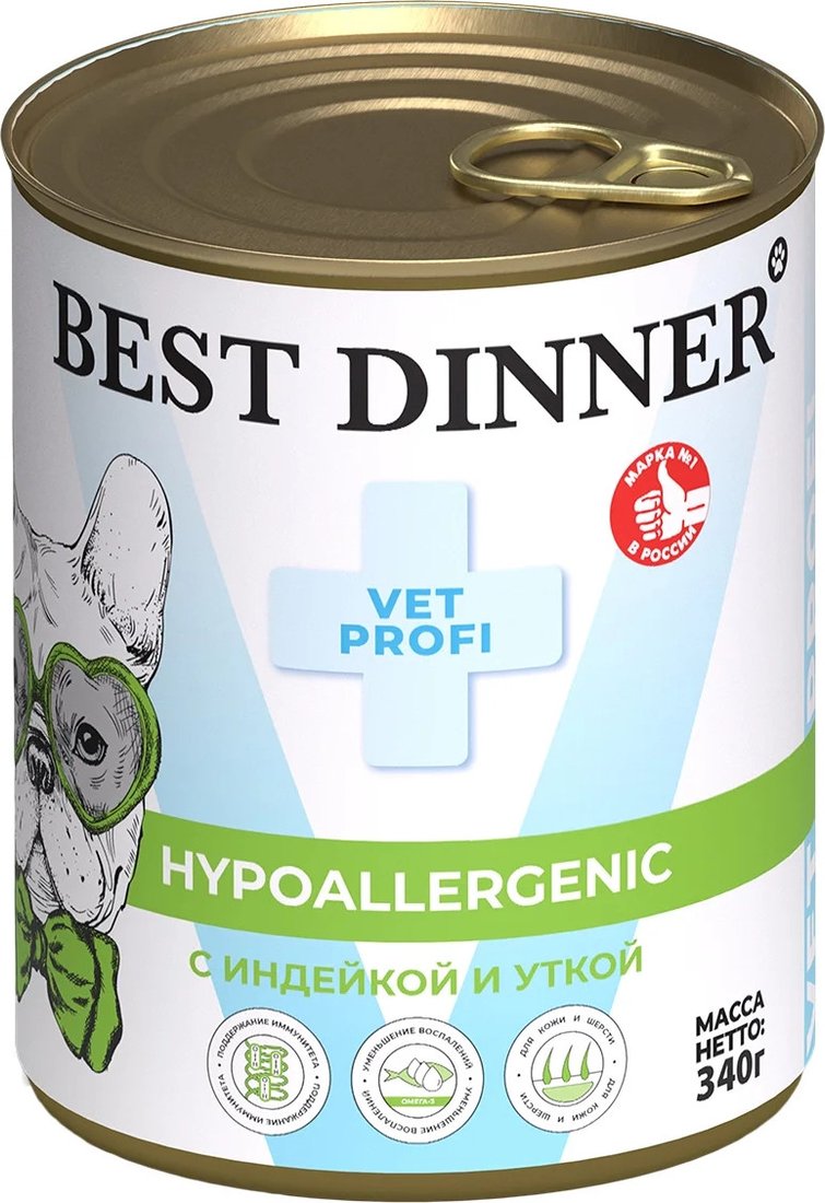 

Консервированный корм для собак Best Dinner Hypoallergenic Exclusive с индейкой и уткой (340 г)