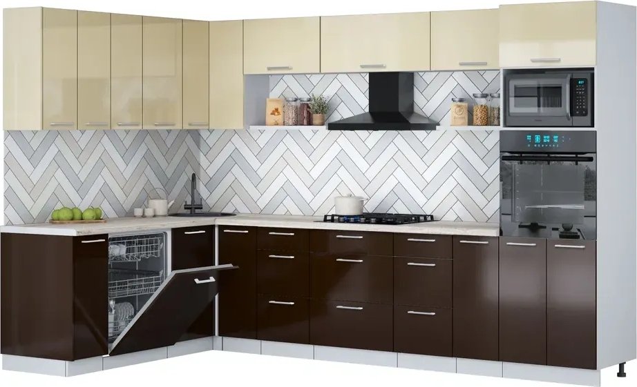 

Готовая кухня Интерлиния Мила Gloss 1.896х3.18 (шоколад глянец/ваниль глянец/травертин серый)