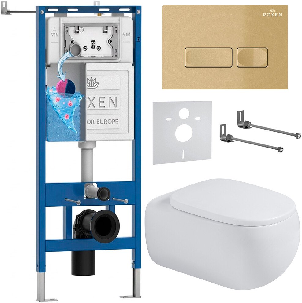 

Унитаз подвесной Roxen Titan в комплекте с инсталляцией StounFix Dual Fresh 6 в 1 967205 (кнопка: золотая)