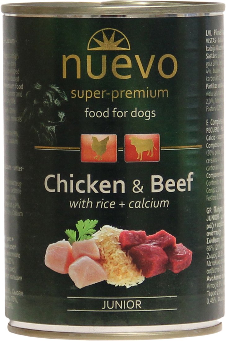 

Консервированный корм для собак Nuevo Junior Chicken & Beef with rice + calcium (Курица и говядина с рисом + кальций) 0.8 кг