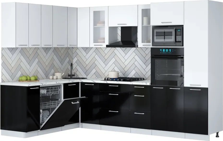 

Готовая кухня Интерлиния Мила Gloss 1.896х2.98 (черный глянец/белый/белый гранит)