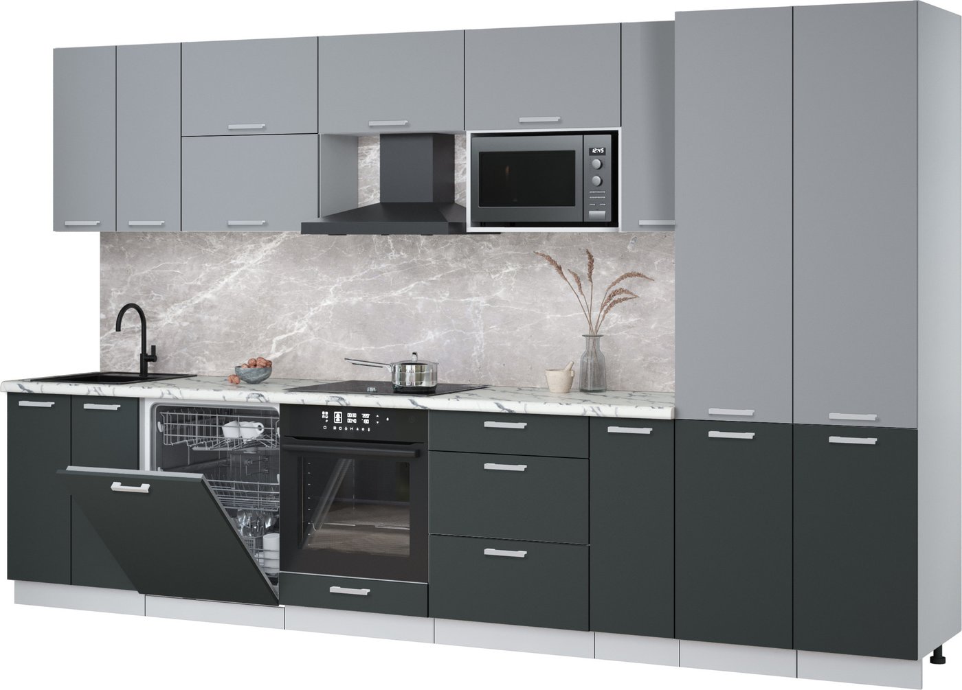 

Готовая кухня Интерлиния Мила Лайт 3.5-ПМ2 (серебро/антрацит/белый гранит)