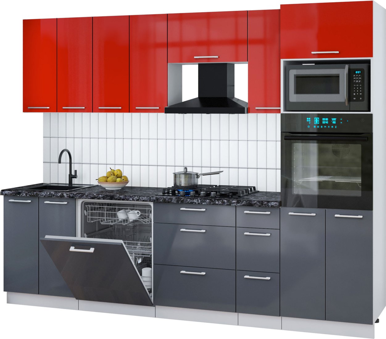 

Готовая кухня Интерлиния Мила Gloss 2.7-ПМ1 (асфальт глянец/красный глянец/кастилло темный)