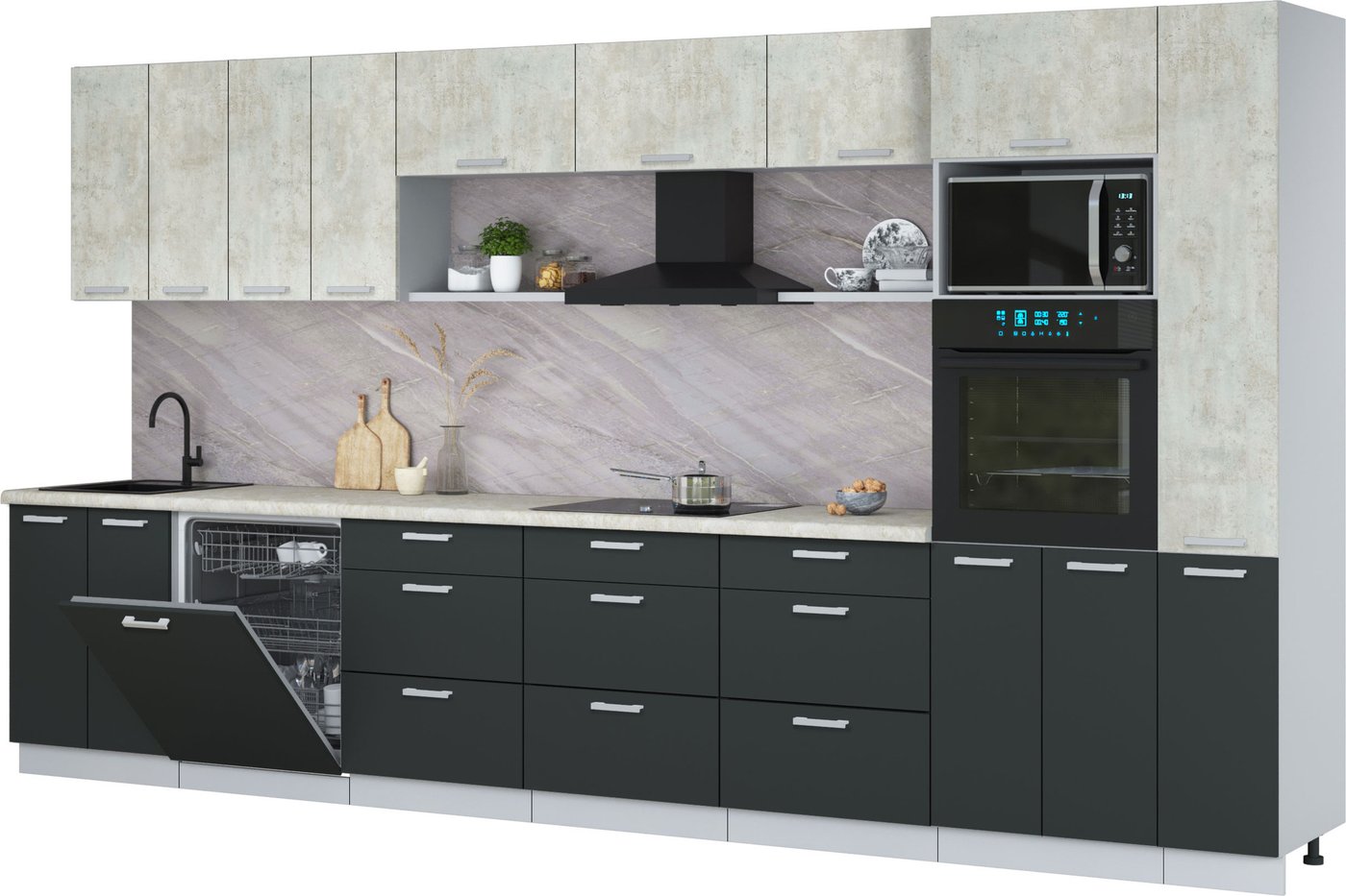 

Готовая кухня Интерлиния Мила Лайт 3.9-ПМ1 (бетон лайт/антрацит/опал светлый)