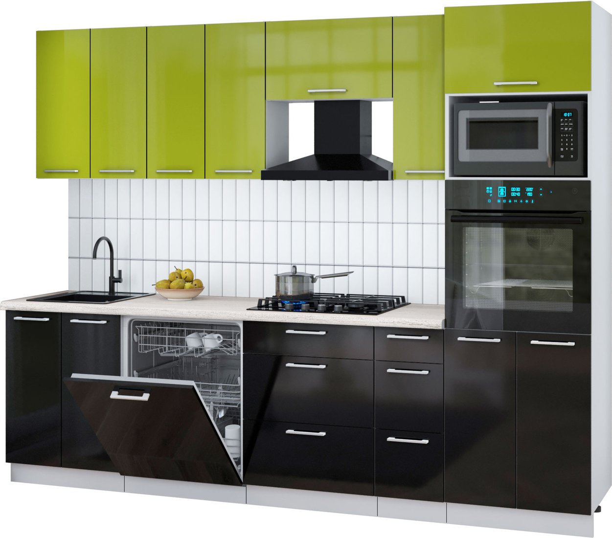 

Готовая кухня Интерлиния Мила Gloss 2.7-ПМ1 (черный глянец/яблоко глянец/травертин серый)