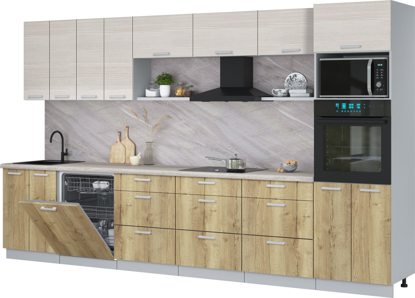 

Готовая кухня Интерлиния Мила Лайт 3.6-ПМ1-2 (вудлайн кремовый/дуб золотой/травертин серый)