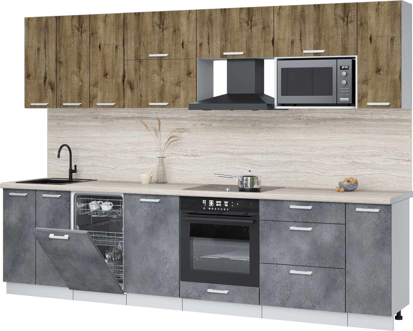 

Готовая кухня Интерлиния Мила Лайт 3.0-ПМ4 (дуб веллингтон/бетон портленд/травертин серый)