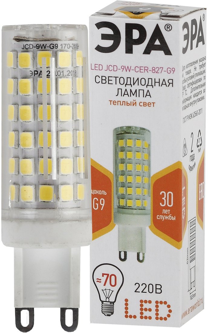 

Светодиодная лампочка ЭРА G9 9 Вт 2700К JCD-9W-CER-827-G9