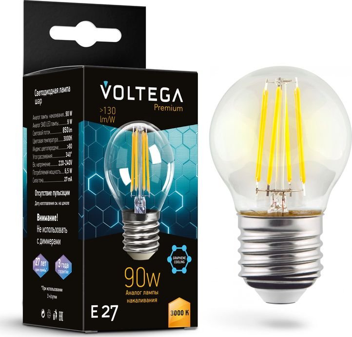 

Светодиодная лампочка Voltega Crystal Graphene Globe 9W 3000K E27