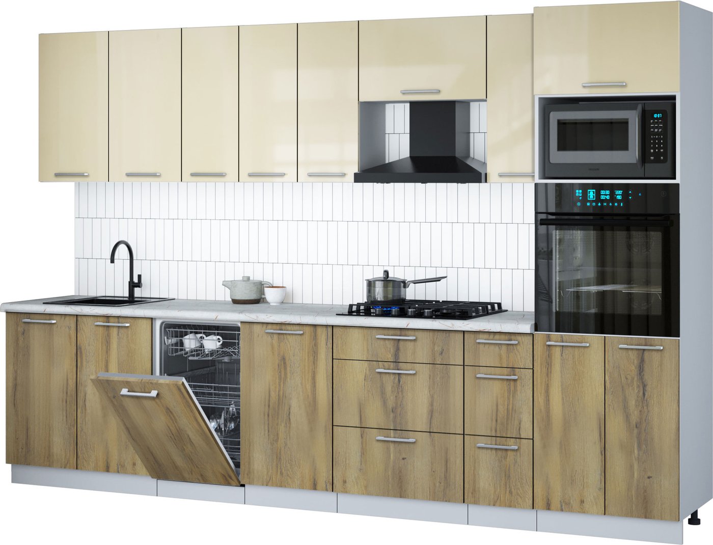 

Готовая кухня Интерлиния Мила Gloss 3.2-ПМ3 (дуб вотан/ваниль глянец/серый каспий)