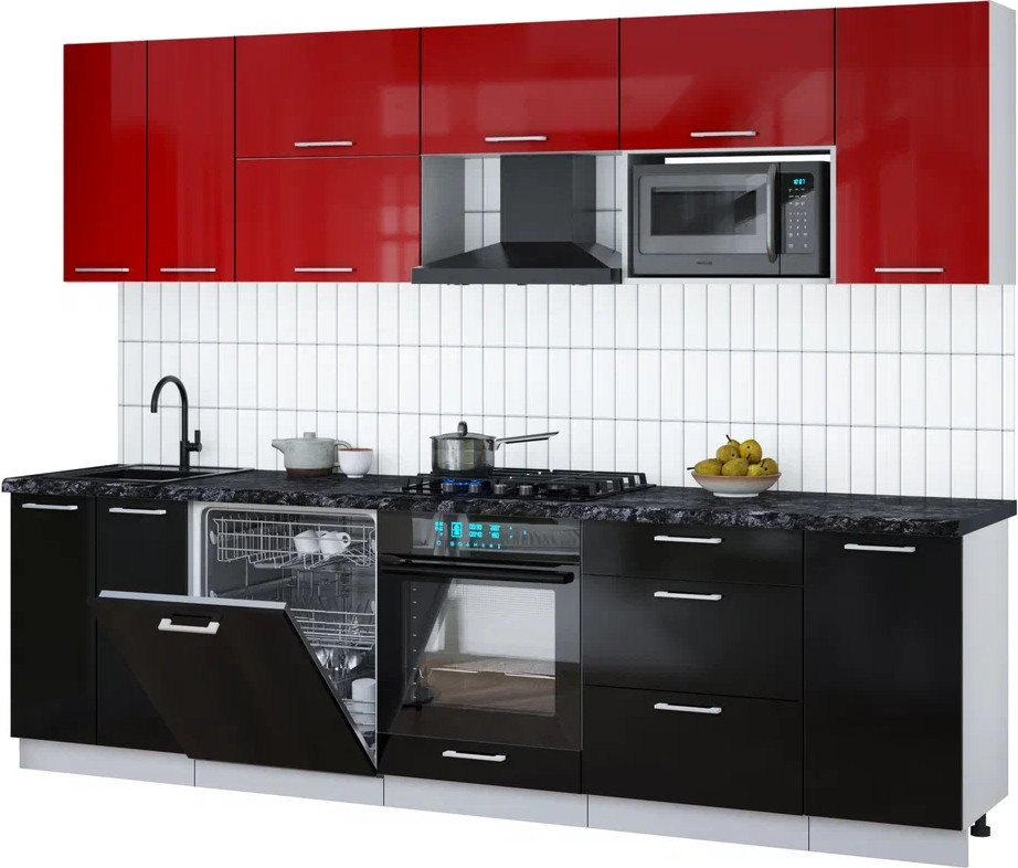 

Готовая кухня Интерлиния Мила Gloss 2.8-ПМ2 (черный глянец/красный глянец/кастилло темный)