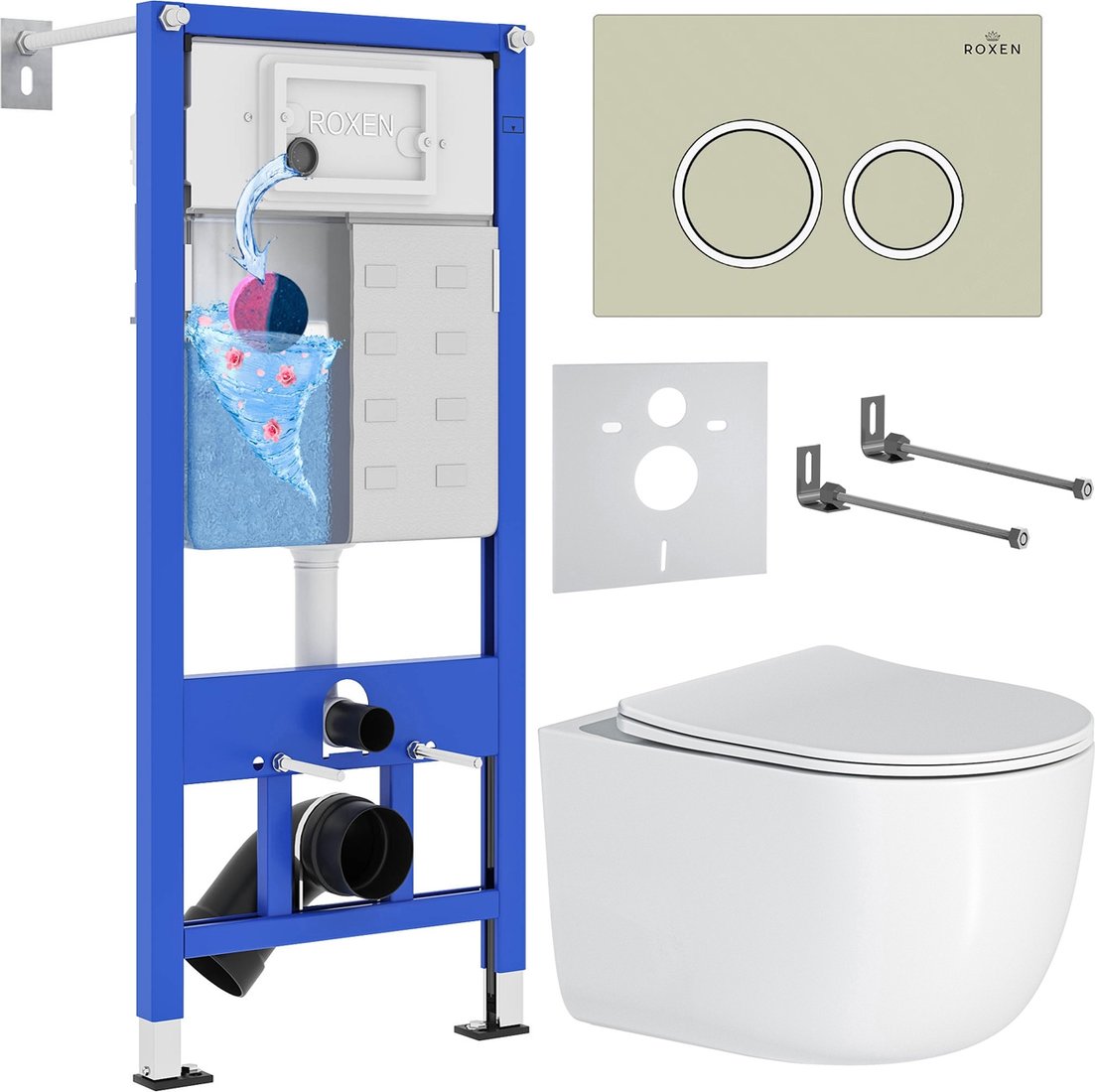 

Унитаз подвесной Roxen Vortex в комплекте с инсталляцией StounFix Dual Fresh 6 в 1 966303 (кнопка: бежевый)