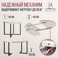 Кухонный стол Millwood Лофт Лондон раздвижной D110-150x110x76 (дуб белый Craft/металл черный)