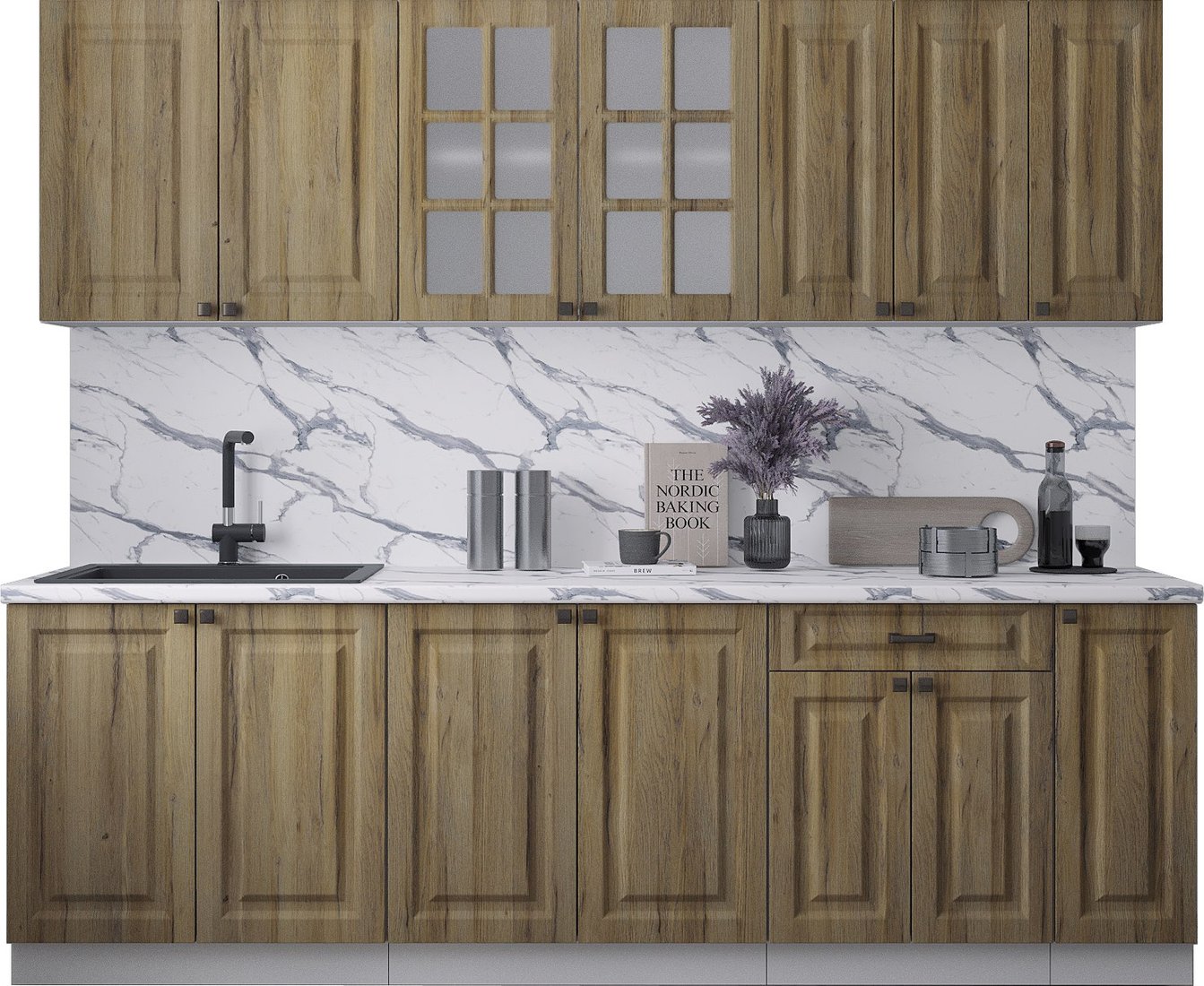 

Готовая кухня Интерлиния Мила Деко 2.5Б (дуб вотан/дуб вотан/белый гранит)