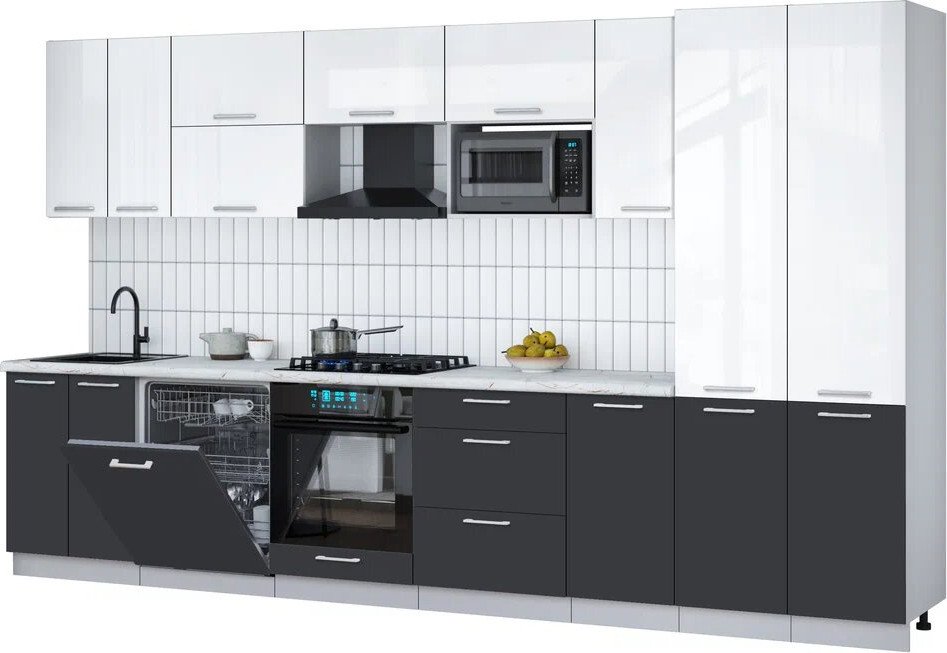 

Готовая кухня Интерлиния Мила Gloss 3.6-ПМ2 (пепел/белый глянец/серый каспий)