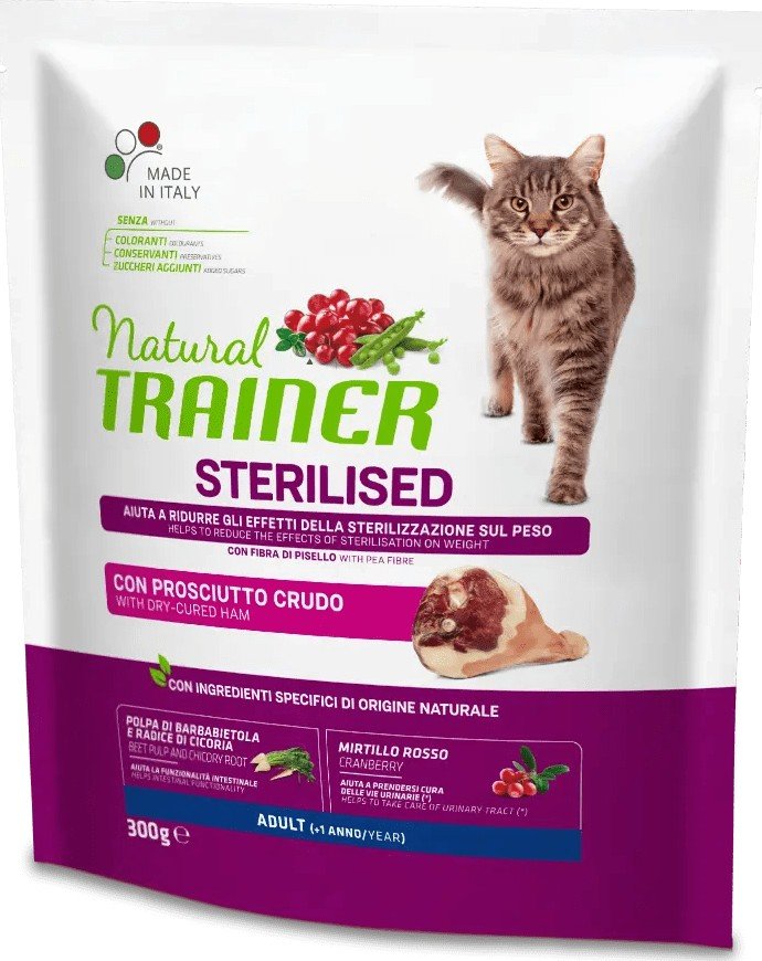 

Сухой корм для кошек Trainer Natural Sterilised Корм сухой для стерилизованных кошек и кастрирован котов с сыровяленной ветчиной 300 г