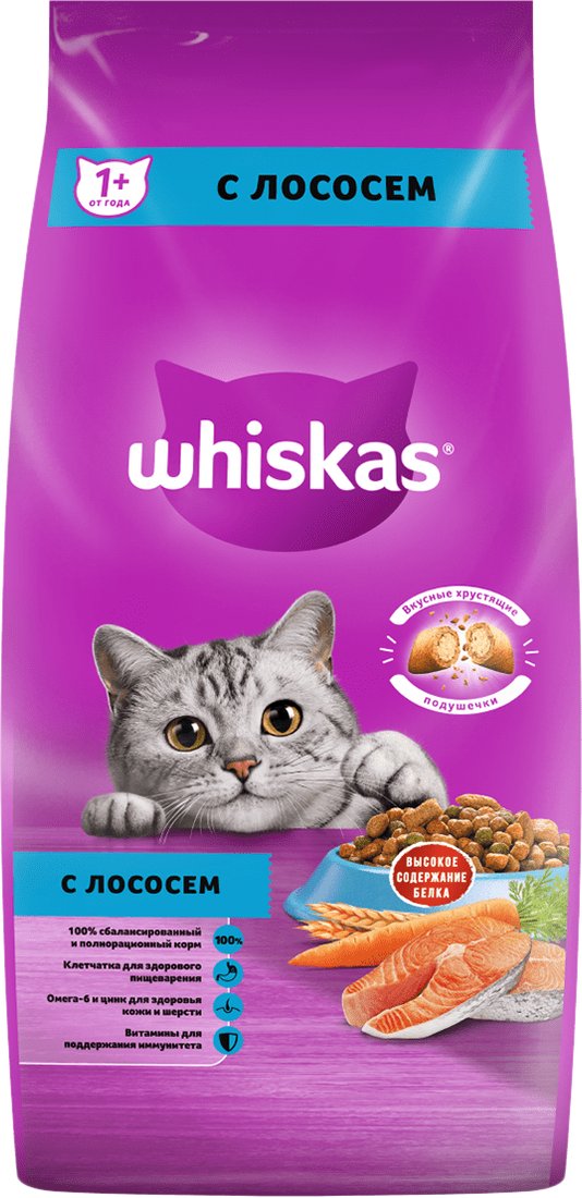 

Сухой корм для кошек Whiskas Подушечки с паштетом. Обед с лососем 5 кг