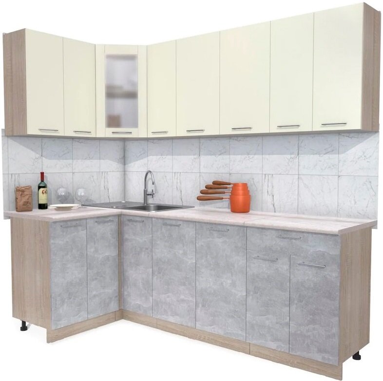 

Готовая кухня Интерлиния Мила 12x23 (ваниль-бетон-травертин)