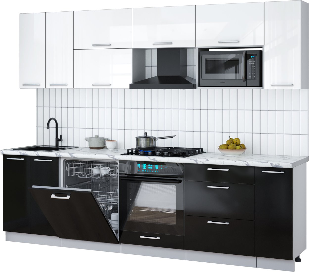 

Готовая кухня Интерлиния Мила Gloss 2.7-ПМ2 (черный глянец/белый глянец/белый гранит)