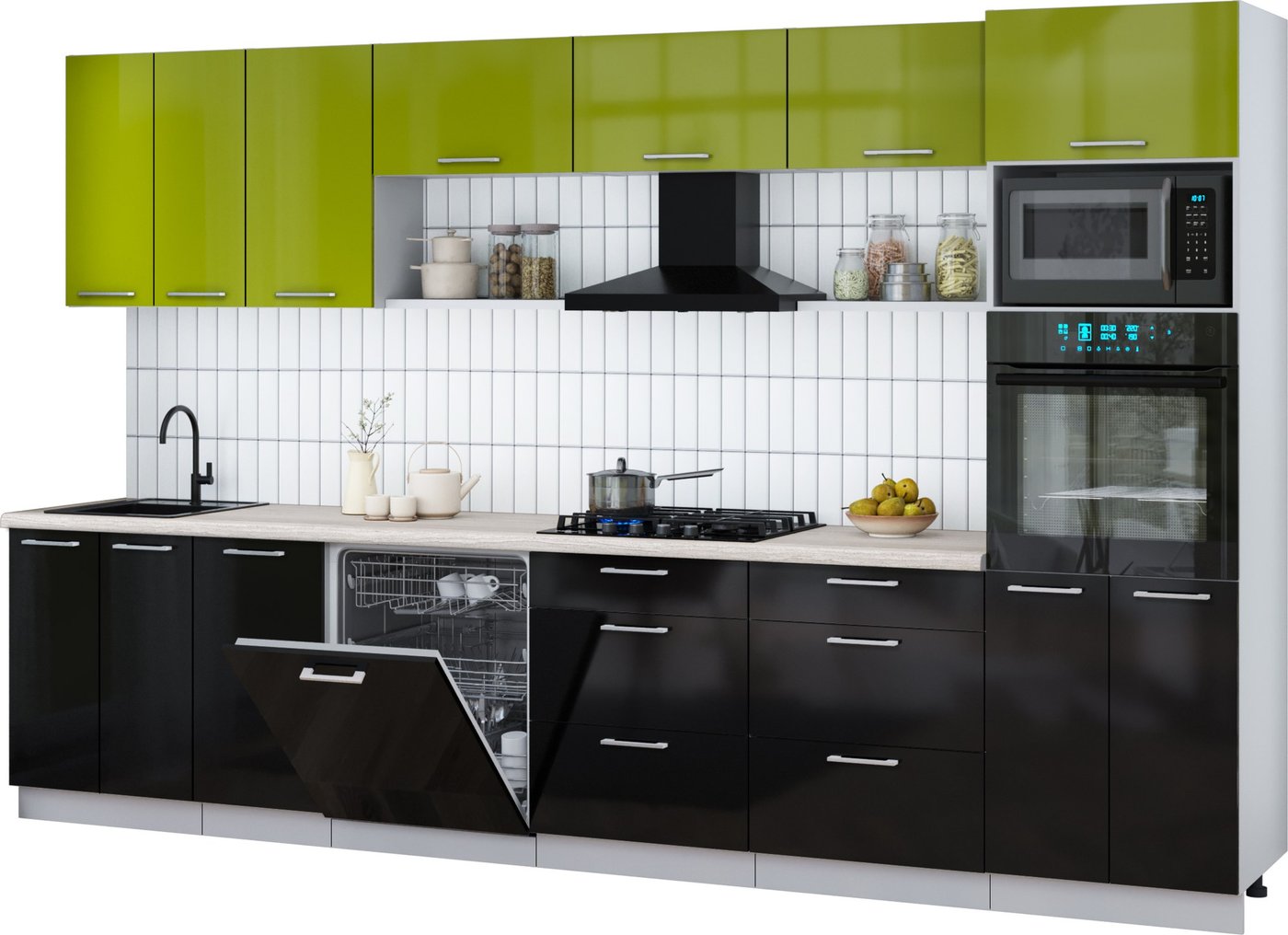 

Готовая кухня Интерлиния Мила Gloss 3.4-ПМ1-2 (черный глянец/яблоко глянец/травертин серый)