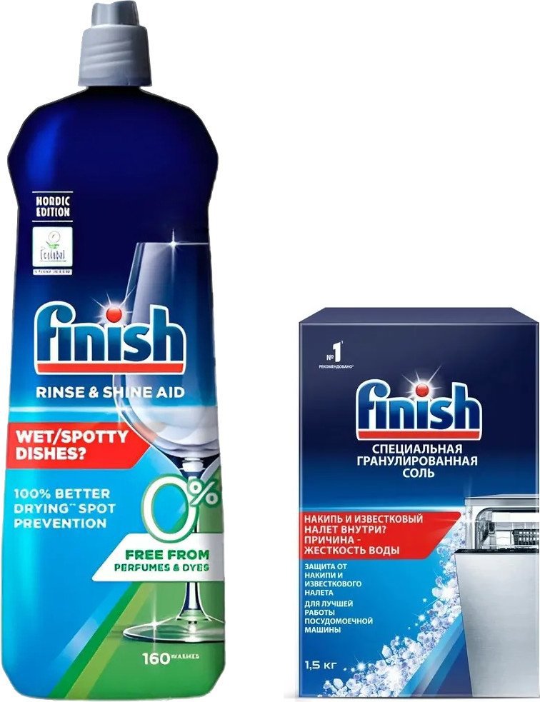 

Ополаскиватель для посудомоечной машины Finish Rinse & Shine 800 мл + Соль для посудомоечной машины Finish Специальная соль 1.5 кг