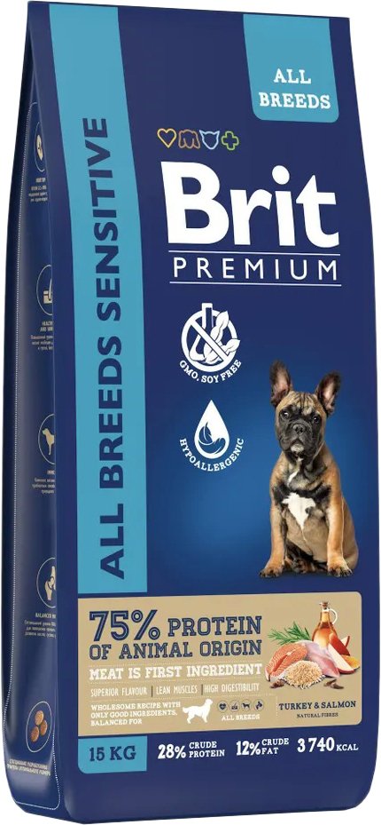 

Сухой корм для собак Brit Premium Dog Sensitive с лососем и индейкой 15 кг