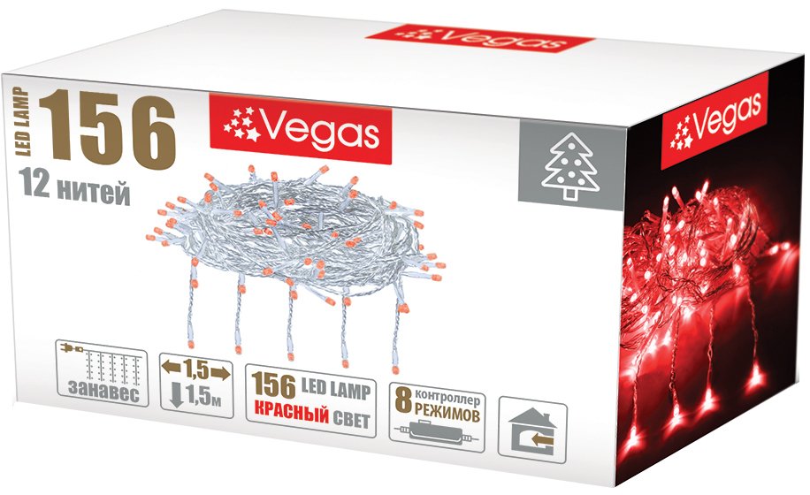 

Световой дождь Vegas Занавес 55080 156 LED (красный)