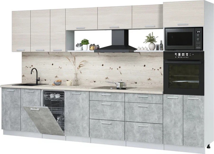 

Готовая кухня Интерлиния Мила Лайт 3.5-ПМ3 ( вудлайн кремовый/бетон/бискайская сосна)