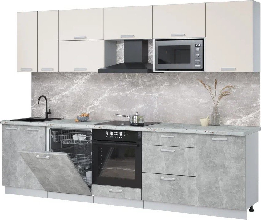 

Готовая кухня Интерлиния Мила Лайт 2.9-ПМ2 (персидский жемчуг/бетон/серый каспий)