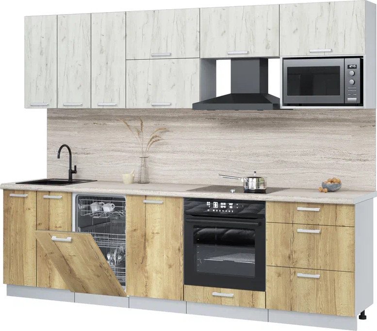 

Готовая кухня Интерлиния Мила Лайт 2.7-ПМ4 (дуб белый/дуб золотой/травертин серый)