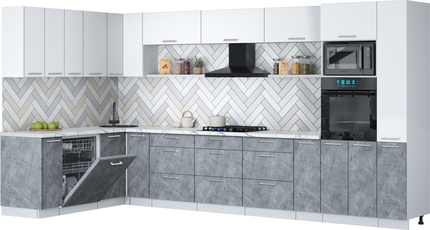 

Готовая кухня Интерлиния Мила Gloss 1.896х3.88 (керамика/белый/белый гранит)