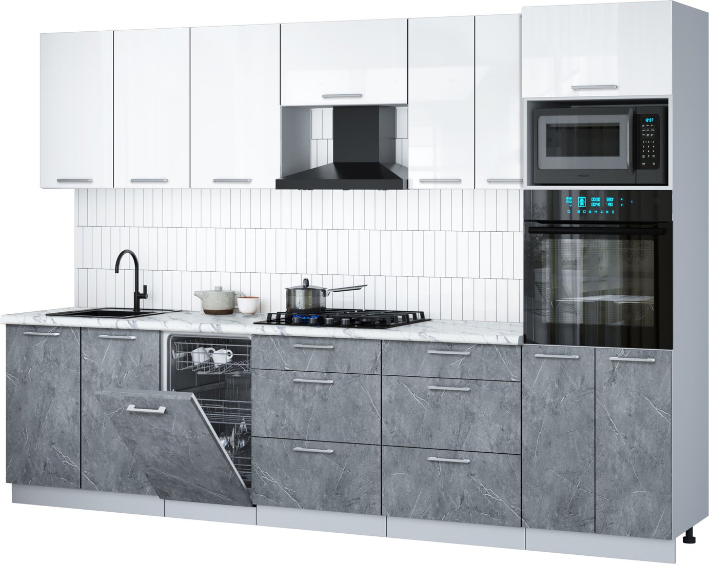 

Готовая кухня Интерлиния Мила Gloss 3.05-ПМ3 (керамика/белый глянец/белый гранит)