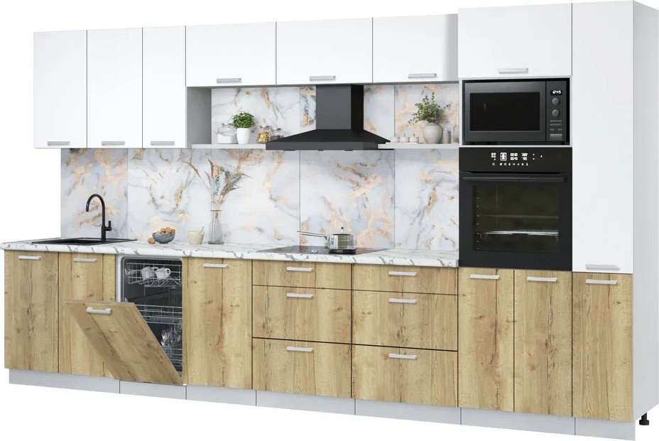 

Готовая кухня Интерлиния Мила Лайт 3.8-ПМ3 (белый платинум/дуб золотой/белый гранит)