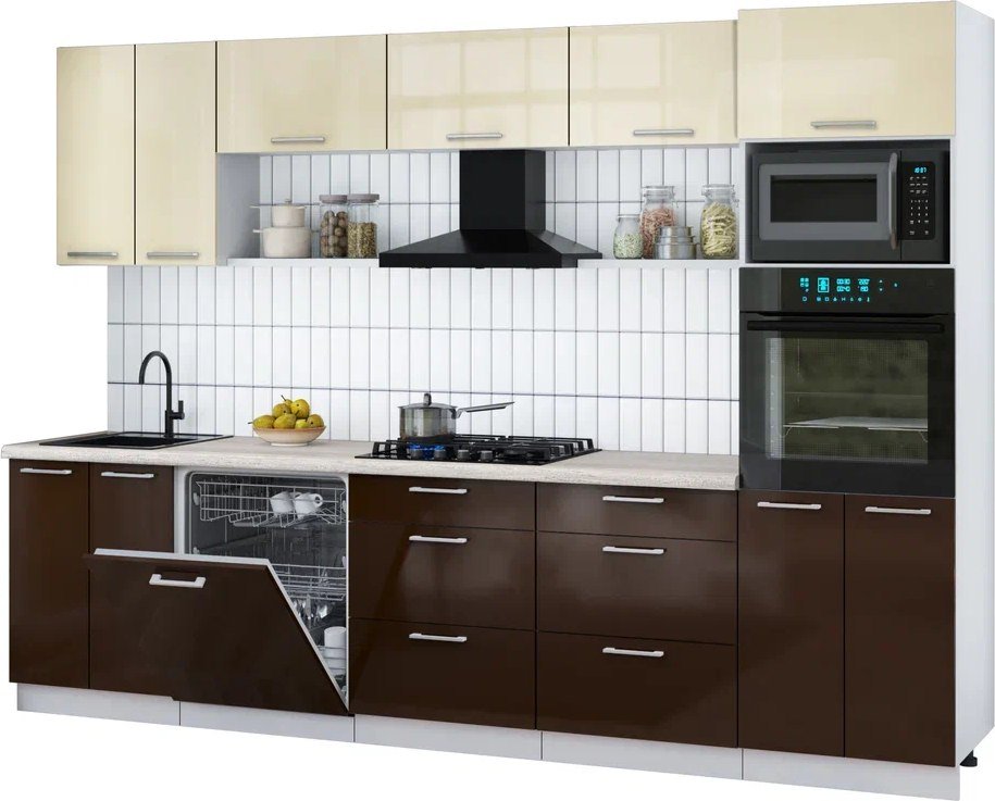 

Готовая кухня Интерлиния Мила Gloss 3.0-ПМ1 (шоколад глянец/ваниль глянец/травертин серый)