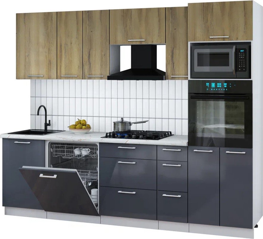 

Готовая кухня Интерлиния Мила Gloss 2.6-ПМ1 (асфальт глянец/дуб вотан/серый каспий)