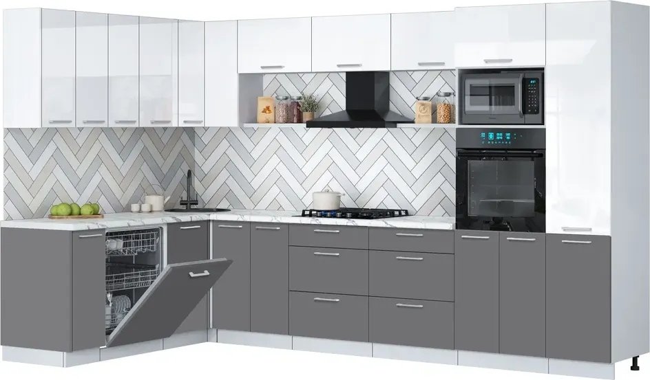 

Готовая кухня Интерлиния Мила Gloss 1.896х3.38 (серый/белый глянец/белый гранит)