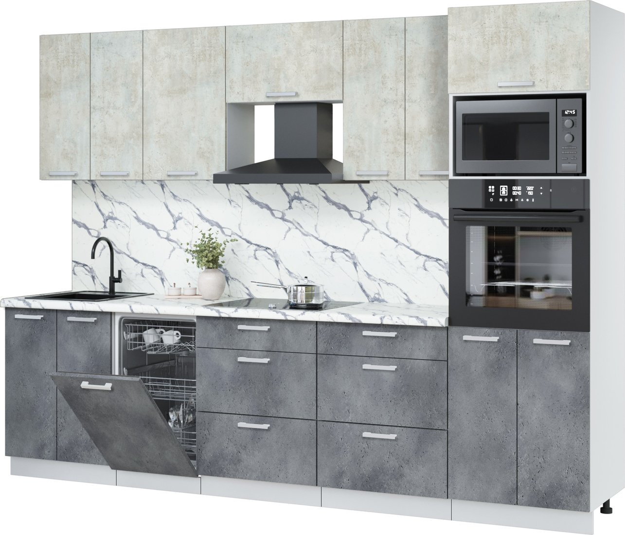 

Готовая кухня Интерлиния Мила Лайт 2.85-ПМ3 (бетон лайт/бетон портленд/белый гранит)