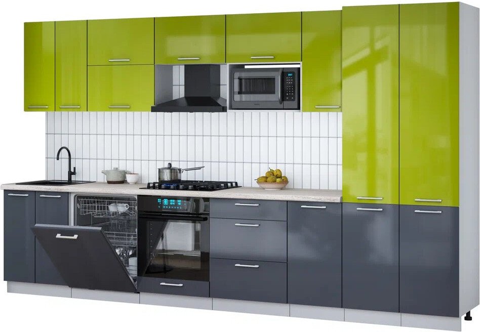 

Готовая кухня Интерлиния Мила Gloss 3.6-ПМ2 (асфальт глянец/яблоко глянец/травертин серый)