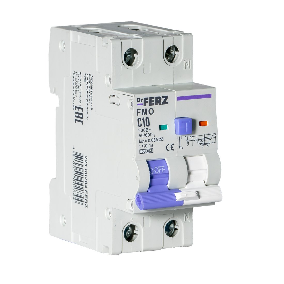 

Дифференциальный автомат Dr.Ferz FMO-EM-1P+N 10A 30mA 10kA A C 2M 22100284FERZ