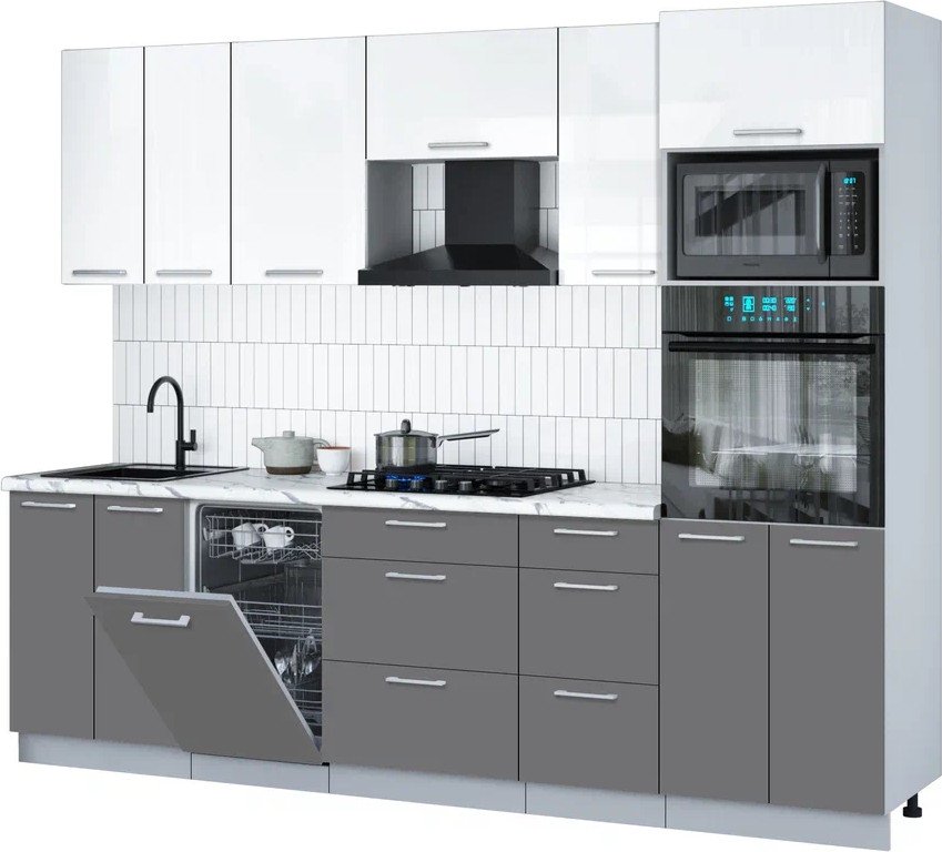 

Готовая кухня Интерлиния Мила Gloss 2.65-ПМ3 (серый/белый глянец/белый гранит)