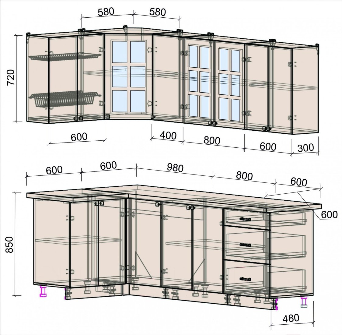 

Готовая кухня Интерлиния Мила Деко 1.2x2.4 (белый/луна/травертин серый)
