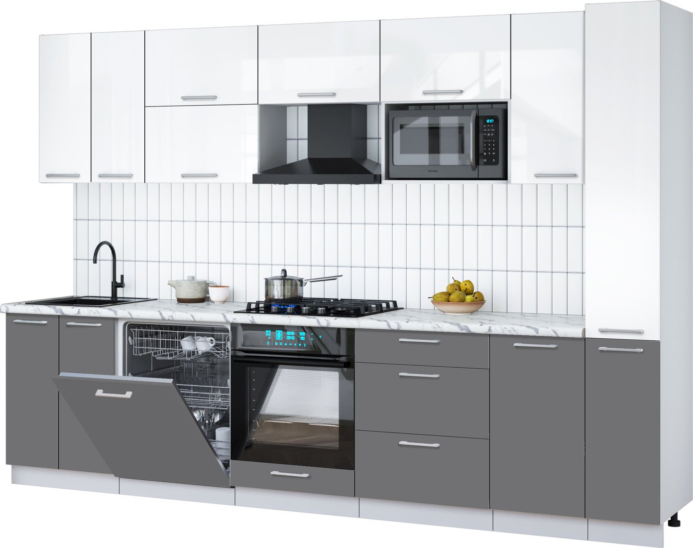 

Готовая кухня Интерлиния Мила Gloss 3.1-ПМ2 (серый/белый глянец/белый гранит)