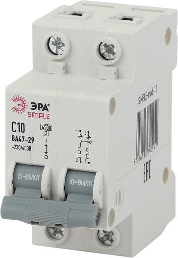 

Выключатель автоматический ЭРА Simple-Mod-11 ВА 47-29 2P 10А 4.5кА C Б0039228